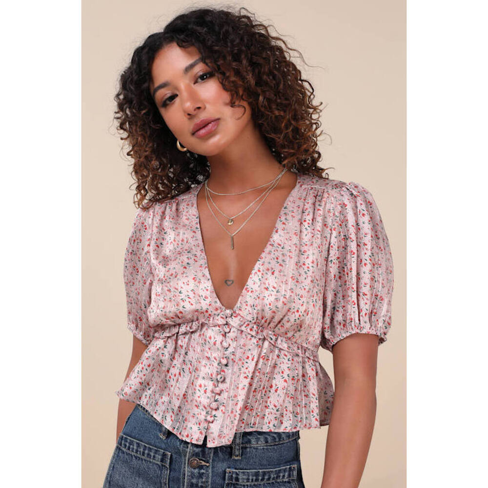 Lulus Irresistible Charisma Mauve Floral Peplum Crop Top Pink - Size XS